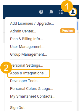 The profile menu is highlighted, along with the Apps & Integrations menu option